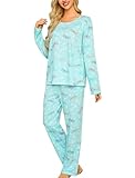 ENJOYNIGHT Women's Pyjama Set Cotton Long Sleeve Top and Pants Pjs Soft Nightwear with Pockets (X-Large,Blue Flying)
