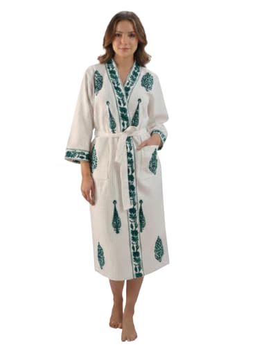Hand Block Print Cotton Waffle Fabric White Bathrobe For Women's Ultra-Soft & Lightweight After Bath Spa Bathrobe Dress Women Bath Robe Dress | Highly Absorbent Teal Green Printed Flower