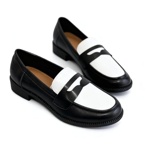 Women's Leather Block Heel Classic Loafers Retro Round Toe Color-Blocked Chunky Heel Non-Slip Slip-On Dress Shoes for Casual, Office,Shopping (Black,8)
