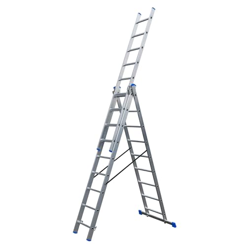 Bayersystem BS-DW 3x9 Blue Multi-Purpose Ladder, 3 x 9 Rungs, 3-Piece Aluminium Combination, Maximum Working Height 6.01 m, Folding, Multi-Function, Stepladder, Silver/Blue
