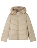 abrigo amarillo springfield Chaqueta De Paño Springfield Short Sorona Puffed Jacket Pockets, Front Zipper, Hood with Fur AT Edge and Inside Waist GARTHERING Chaqueta De Paño, Beige, XL para Mujer