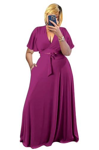 Image of Plus Size Women's 2 Piece Outfits Casual Short Ruffle Sleeve Wrap Crop Top Maxi Long Dress Flowy Matching Sets