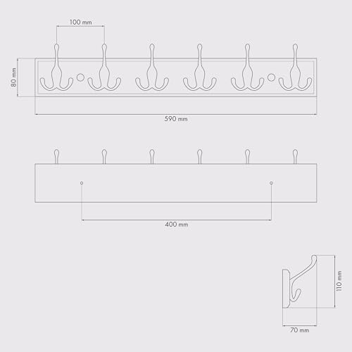 LARHN Garderobenhaken Weiß - Garderobenleiste Weiß mit 6 Haken - 59 cm - Kleiderhaken Wand - Wandgarderobe für Flure, Garderoben, Schlafzimmer und Badezimmer