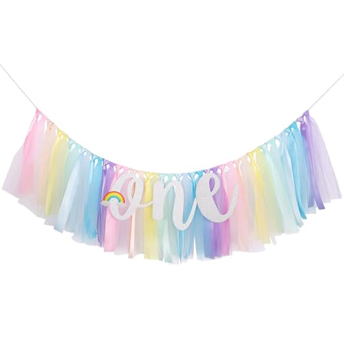 Image of 1st Birthday High Chair Banner One Year Birthday Decorations Pastel Rainbow Theme First birth day Banner for Girls Boys 1st birthday Party Baby Shower Decorations Highchair Garland
