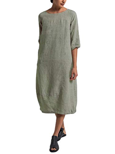 Minetom Damen Sommer Freizeit Kleider Leinenkleider 1/2 Ärmel Rundhals Einfarbig Casual Urlaub Sommerkleider Strandkleid Midi Dress Frauen A Grün DE 44