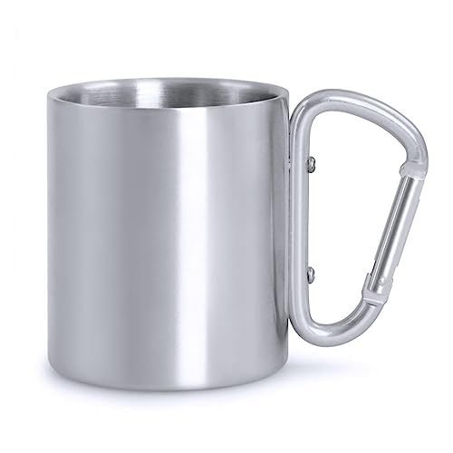 TIENDA EURASIA - Taza de Acero con Mosqueton, 7,5x11,5cmx8cm de Diametro, 210 ml, Mosquetón Atornillado, Acero Inoxidable, Ideal para Senderismo, Camping y Trekking, Taza Térmica (Taza Plata)