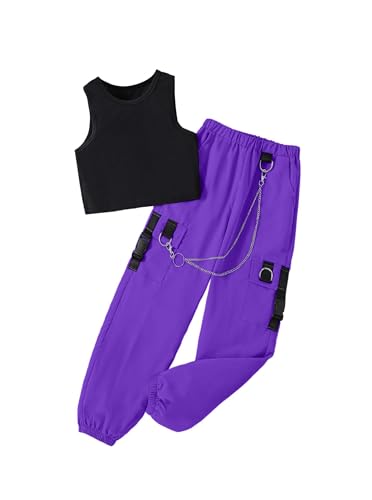 Image of Girls 2 Piece Outfit Set for Tween Girls, Sleeveless Crop Tank Top & Cargo Pants Jogger Set