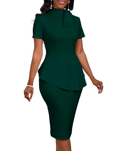 Image of WanMem Women Formal Bodycon Peplum Cocktail Dress Short Sleeve Bow Ruffle Pencil Party Midi Dresses