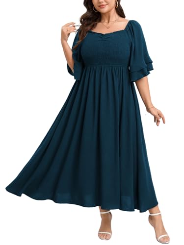 SCOMCHIC Womens Plus Size Maxi Dresses Smocked Square Neck Short Sleeve Wedding Guest Formal Flowy A-Line Long Dress