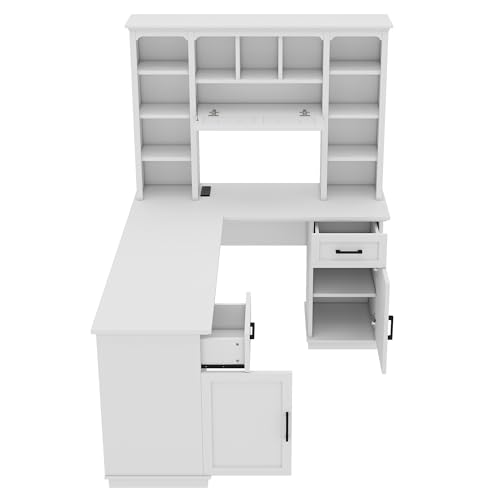 Corner Computer Desk with Hutch, Home Office L-Shaped Desk with Drawers and Cabinet, Open Storage Shelves, Multi-Functional Writing Table for Study Room Bedroom Living Room, White