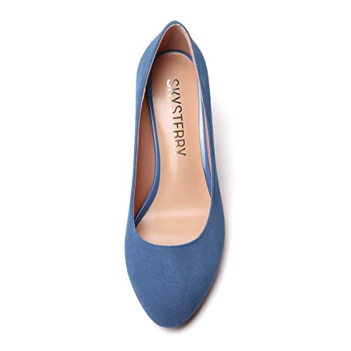 SKYSTERRY Womens Cute Round Toe Slip On Suede Wedding Block Mid Heel Pumps Shoes 2.5 Inch3