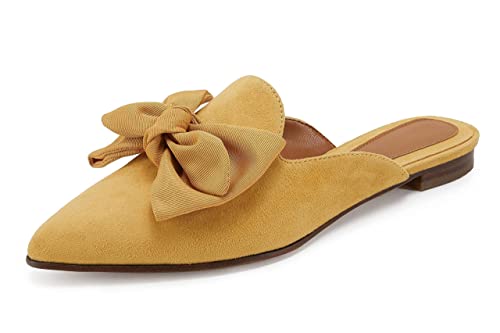 Fashare Mules for Women Flats Bow Tie Pointed Toe Slip on Low Heel Backless Comfortable Casual Loafers Dress Shoes Yellow