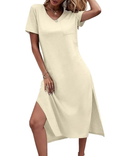 Image of Dyexces Women Summer T Shirt Dress Casual Short Sleeve V Neck Maxi Dresses Loose Side Slit Long Tshirt Dress with Pockets