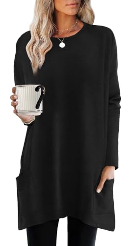 XIEERDUO Womens Tunic Tops Long Sleeve Crew Neck High Low Hem Loose Fit Shirts Blouses with Pockets