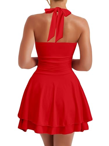 Image of Kaximil Women's Sexy Halter Ruffle Hem Mini Dress Ruched Waist Corset Short Party Dresses