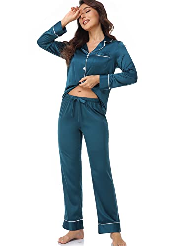 Image of Serenedelicacy Women's Satin Pajama Set Long Sleeve Button Down Sleepwear 2-Piece Silky Pj Set