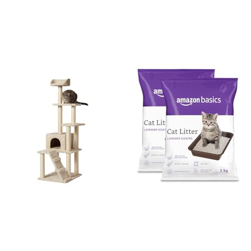 Image of Amazon Basics X-Large. Cat Tree with Multiple Towers - 24 x 61 x 19 Inches, Beige & AmazonBasics Scoopable Smart Bentonite Cat Litter, Lavender Fragrance, Scented Cat Litter, 5Kg Pack of 2