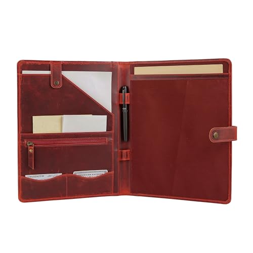 Image of KomalC Leather Portfolio Folder with Button Closure | Business Padfolio for Professionals | Vintage Organizer with Legal Pad Holder, Card Slots & Document Pockets (Red)