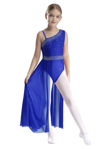 TiaoBug Vestido De Danza Asimétrico Niña Maillot De Ballet Danza con Falda De Gasa Vestido De Danza Lírica Ropa para Baile Salón Fiesta Actuacion Azul Real A 13 14 años