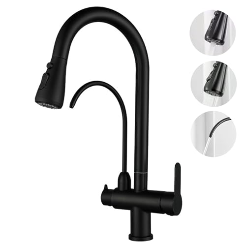 lsxlkha Grifo Cocina Osmosis Extraible, Grifo De Cocina Ósmosis con 3 Vías, para Fregadero Extraible 360° Giratorio, Agua Fría y Caliente Disponibles (Black)