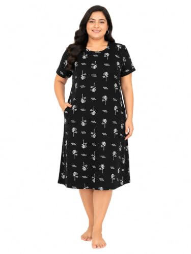 Image of 9shines Label Hosiery Cotton Knee Length Short Night Dress | Short Nighty for Women with Pocket | Graphic Print Nightwear | Night Gown for Women (M-7XL)