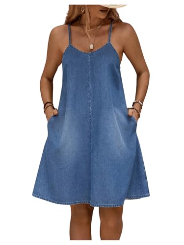 WDIRARA Women's Sleeveless Denim Cami Dress Scoop Neck Mini Dresses with Slant Pockets Blue Small