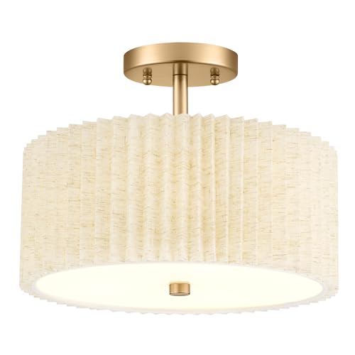 Image of Gold Semi Flush Mount Ceiling Lights, 3-Light 12.5 inch Light Fixtures Ceiling Mount with Pleated Linen Fabric Shade, Drum Lighting Fixture for Hallway Nursery Bedroom Kitchen, AD-25036-3SF-GD-B