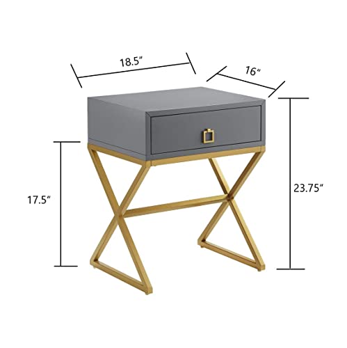 24Kf Modern Side Table With Drawer, Nightstand End Table With Lacquer Finish & X-Shape Golden Metal Base-Gray/Golden #TOP1