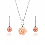 Bling Jewelry Conjunto De Joyería De Collar Colgante De Rosa Rosa Floreciente Delicada Romántica 3D Con Acento Verde CZ Y Pendientes Colgantes Con Cierre De Palanca Para Mujer En Plata De Ley .925