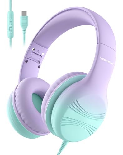 Voopwink USB Type C Kids Headphones Wired Headphones for Kids with Microphone 85/94dB Volume Limit Stereo Sound Portable Over Ear Headphones for School/Travel/Tablet/iPad Green Violet