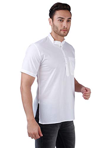 Image of Rajubhai Hargovindas White Superfine Cotton Short Kurta (White) | Mandarin Collar |