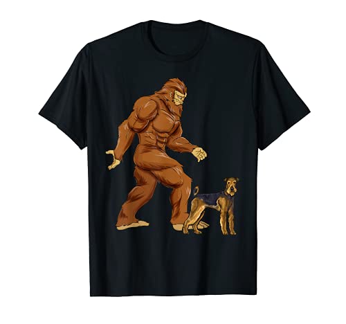 Funny Bigfoot Walking Airedale Terrier Sasquatch Dog T-Shirt, Black