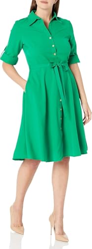 Image of Sharagano Women's Pleated Shirt Dress - 3 /4 Sleeve, V-Neck, Gold Buttons
