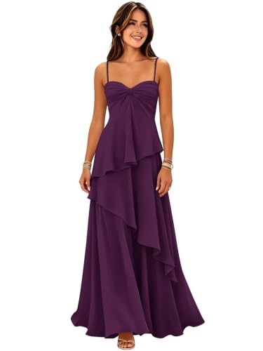 Jzhele Tiered Bridesmaid Dresses Long Chiffon Pleated Grape US12
