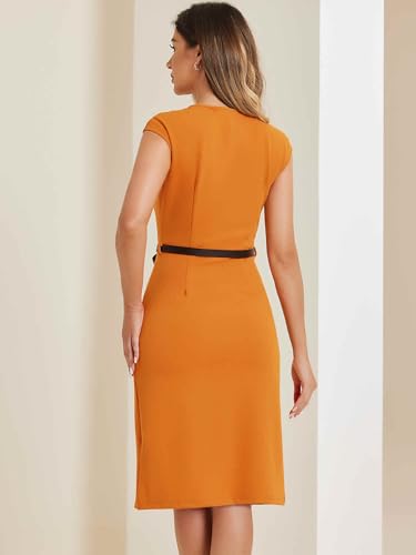 Image of Allegra K Business Dress for Women's Work Elegant 2026 Cap Sleeve Belted Office Sheath Dresses
