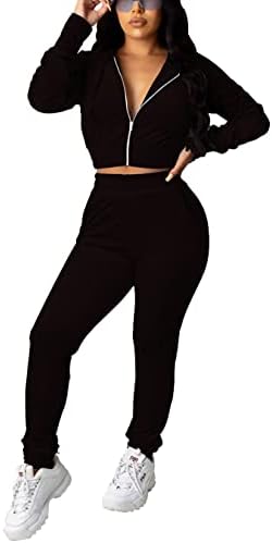 PINSV 2 Piece Outfits Velour Tracksuit For Women Zip Up Hoodie Velvet Jogging Sweatsuit Workout Sets Solid Black XXL