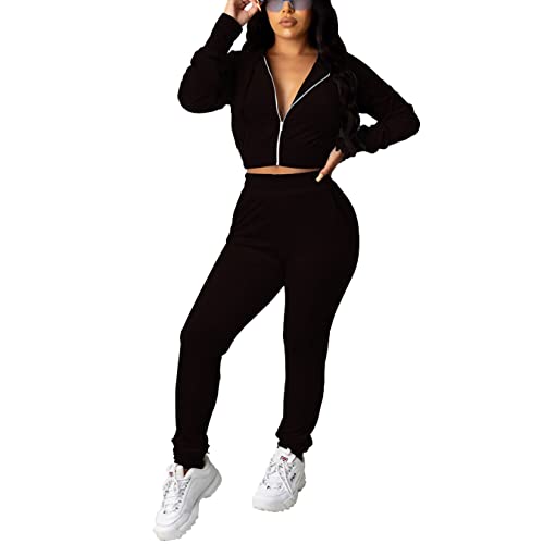 Pinsv 2 Piece Outfits Velour Tracksuit For Women Zip Up Hoodie Velvet Jogging Sweatsuit Workout Sets Solid Black Xxl #TOP3
