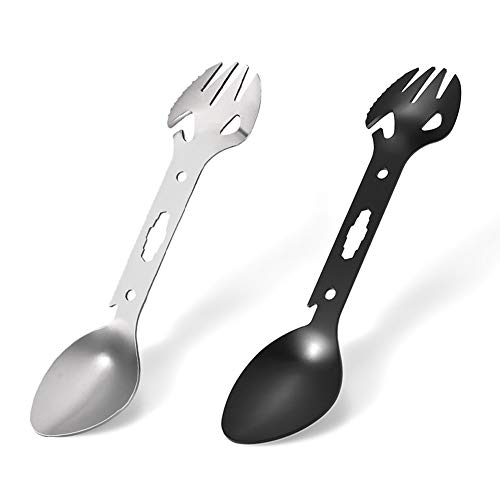DishyKooker Stainless Steel Outdoor Multifunctional Fork Spoon Tableware Spoon Camping Cookware Corkscrew Spanner Spear For Outdoor Picnics Survival Camping Steel color
