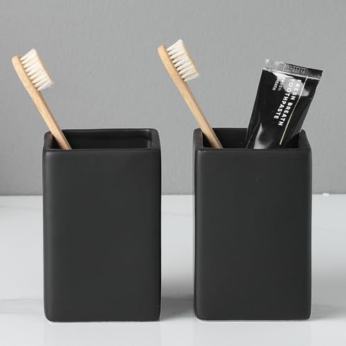 Zahnputzbecher Keramik Set Quadratisch Zahnbürstenhalter für Elektrische Zahnbürste Zahnbürste und Zahnpasta Kinder Toothbrush Holder Zahnbürsten Badezimmer Organizer schwarz