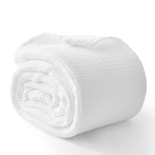 Image of 100% Cotton Muslin Blanket Twin 60 inch x 80 inch, Breathable and Lightweight Cotton Twin Blankets for Couch, Soft Cooling Summer Gauze Blanket for Adults All Season, White