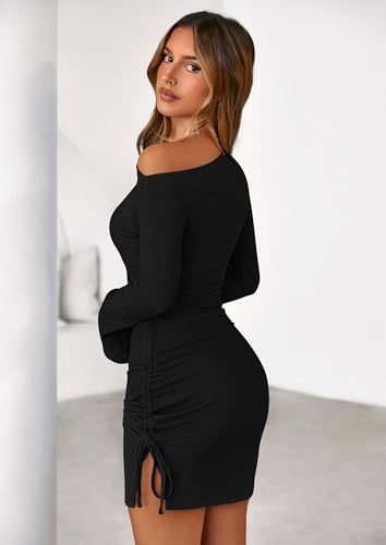 PRETTYGARDEN Long Sleeve Dress for Women Early Fall Fashion 2025 Cocktail Party Bodycon Off The Shoulder Mini Ruched Dresses4