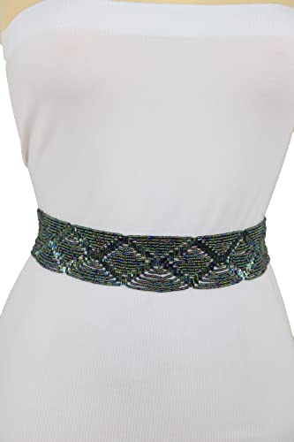 Women Fashion Belt Hip High Waist Green Color Beads Band Geometric Shapes S M3