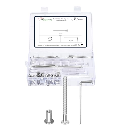 METALLIXITY Kit de tuercas de tornillo de conector para muebles con llave (M6-1 x 70 mm), 50 unidades, pernos de conector M6, tuercas de barril, tornillos de unión, para silla, armario, cama, color