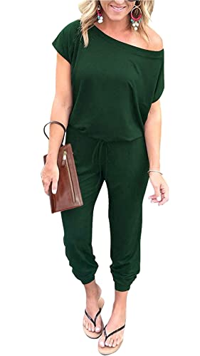 Image of PRETTYGARDEN Jumpsuits for Women Summer Off Shoulder Romper | Short Sleeve Drawstring Waist, Jogger Jumpers with Pockets, One Piece Spring Break Outfits, Vacation Travel Lounge Clothes