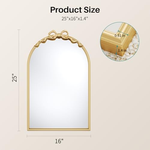 Image of Gold Arch Bow Mirror, 25 inchx16 inch Vintage Mirror with Metal Frame