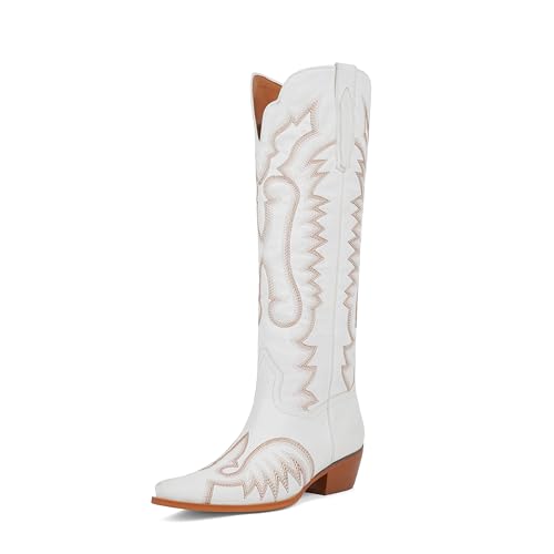 Easyfox White Cowboy Boots for Women Knee High Cowgirl Boots Square Toe Low Chunky Heel Embroidery Western Boots for Women Size 8
