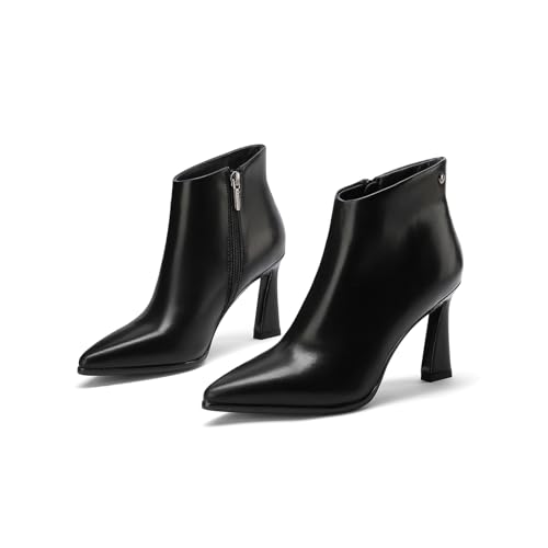 Womens Pointed Leather Thick High Heels 8.5cm/3.3in Rivet Ankle Boots Fashion Retro Party Boots4