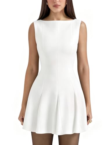 Image of YMDUCH Women's Summer Sleeveless A-line Flared Party Mini Dress | Boat Neck,Back Zipper,Casual,Dailywear,Graduation,Homecoming,Back to School,Club,Dinner,Date,Cocktail