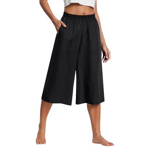 Cropped Linen Pants Women Plus Size Elastic Waist Wide Leg Lounge Pants with Pockets Comfy Summer Cotton Beach Pants