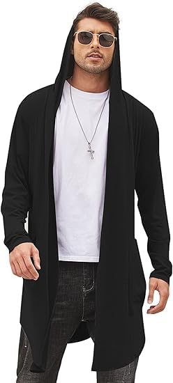 Men's Long Hooded Cardigan Shawl Collar Lightweight Open Front Drape Cape Overcoat with Pockets